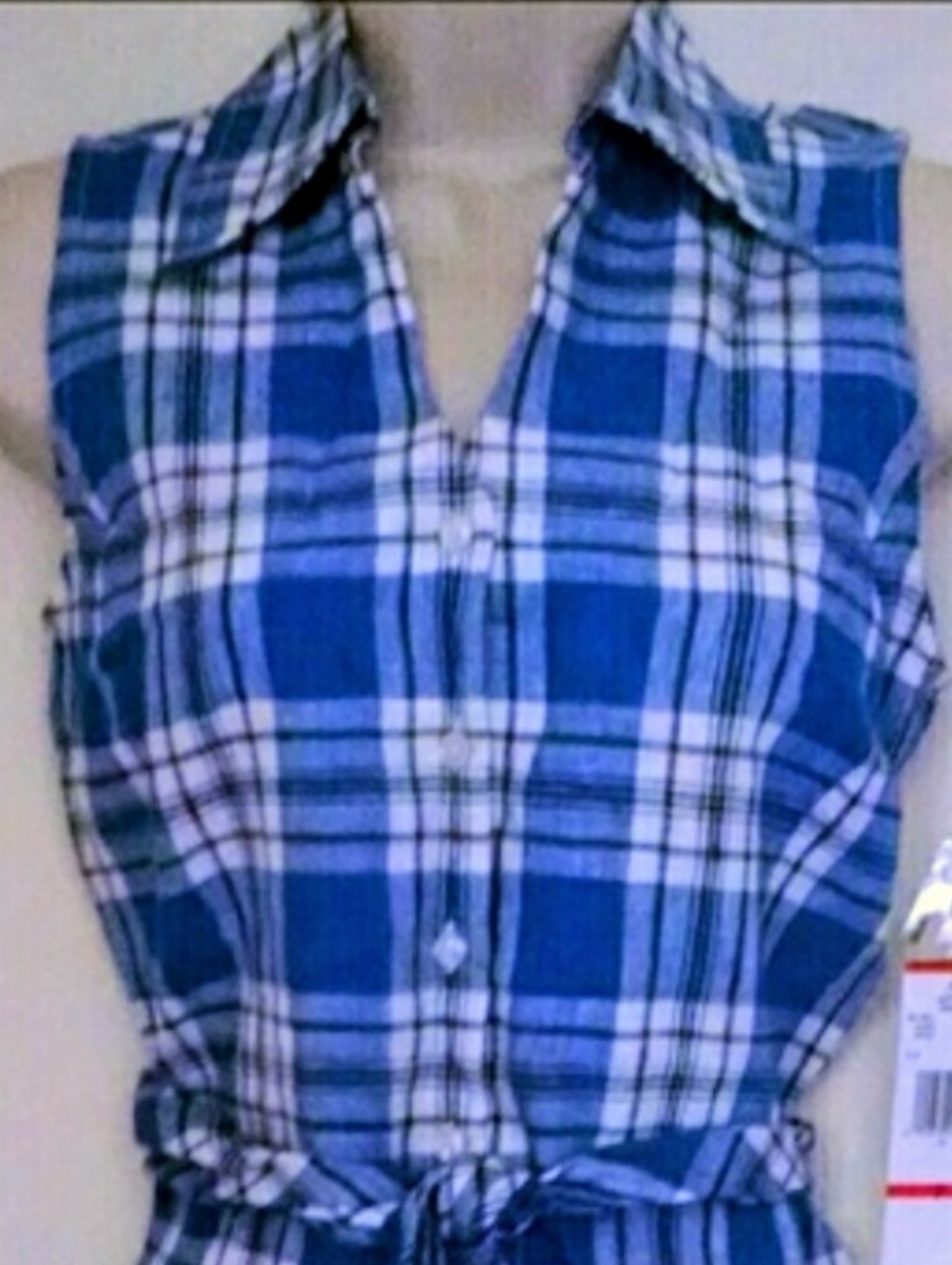 Vintage Jones New York blue white black plaid top petite - Picture 4 of 6